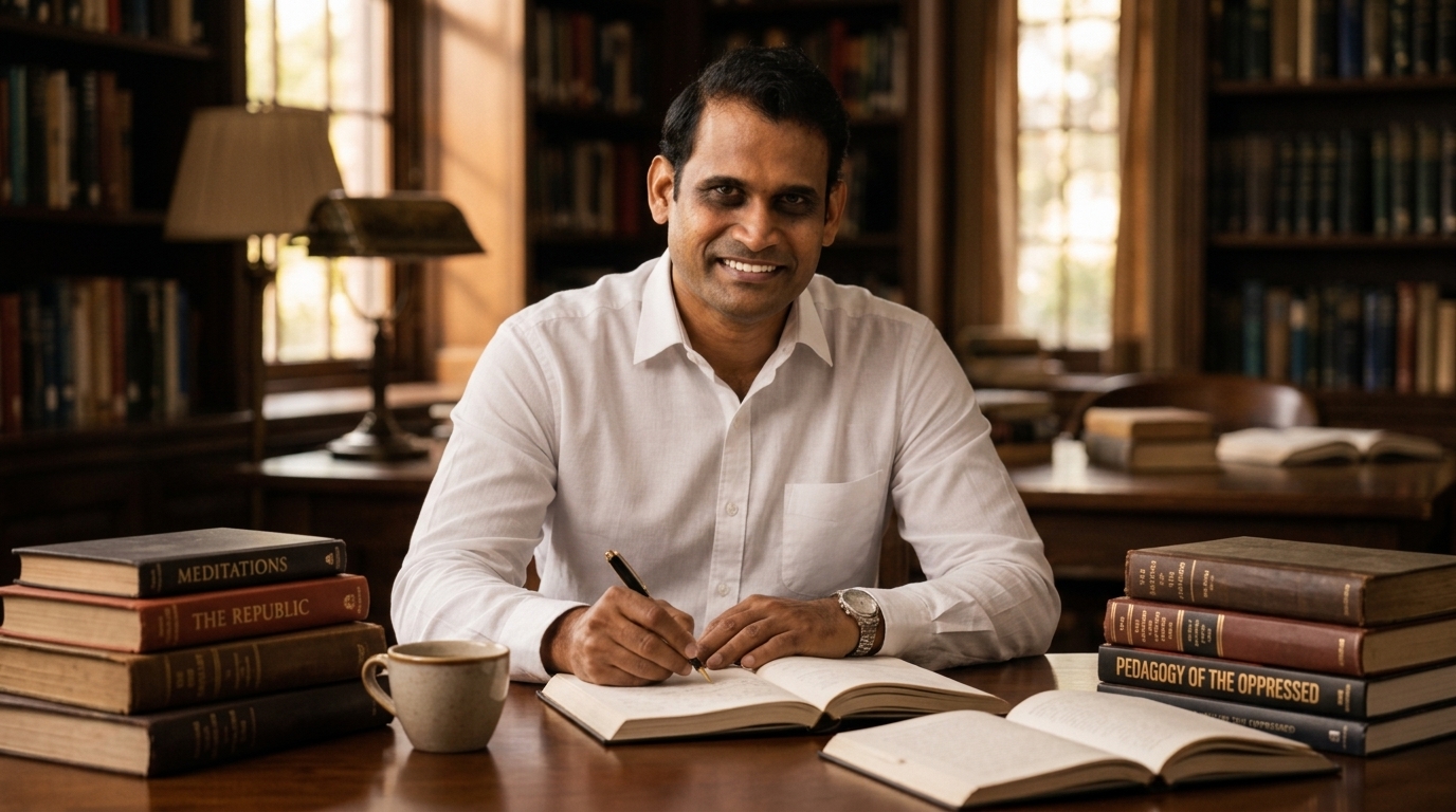JR Yeruva at writing desk with books on education and systems thinking