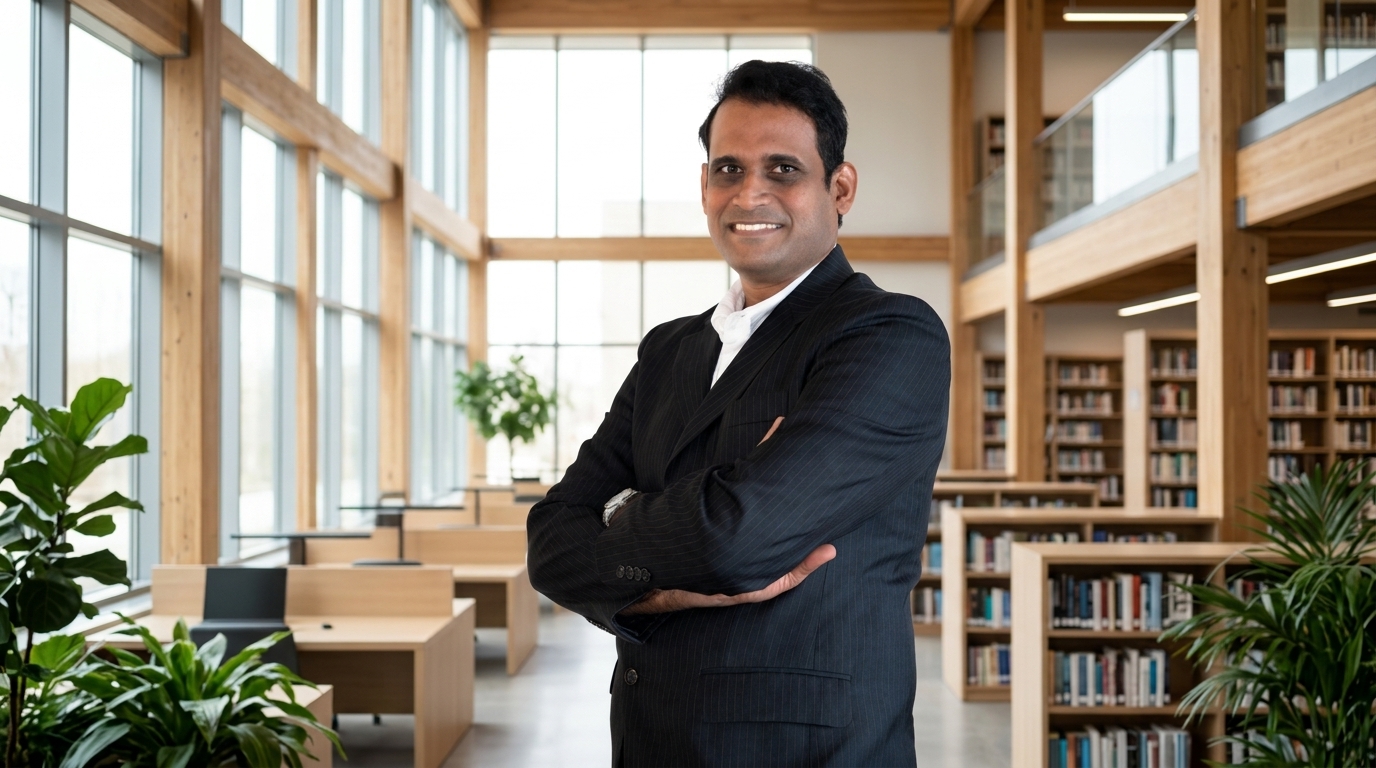 JR Yeruva in a modern educational library reflecting on learning ecosystems